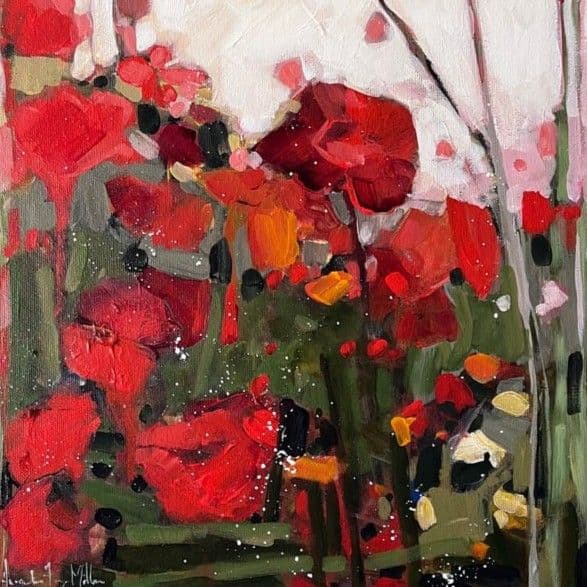 Expressive painting of red poppies in textured brushstrokes