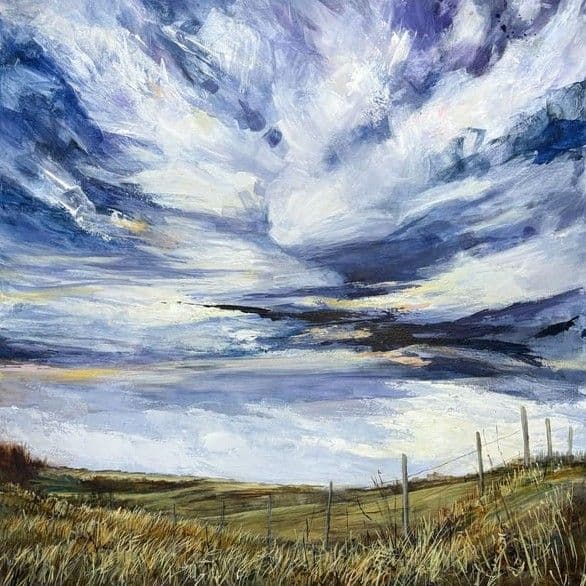 Painting of a dramatic cloud-filled sky over a fence-lined field
