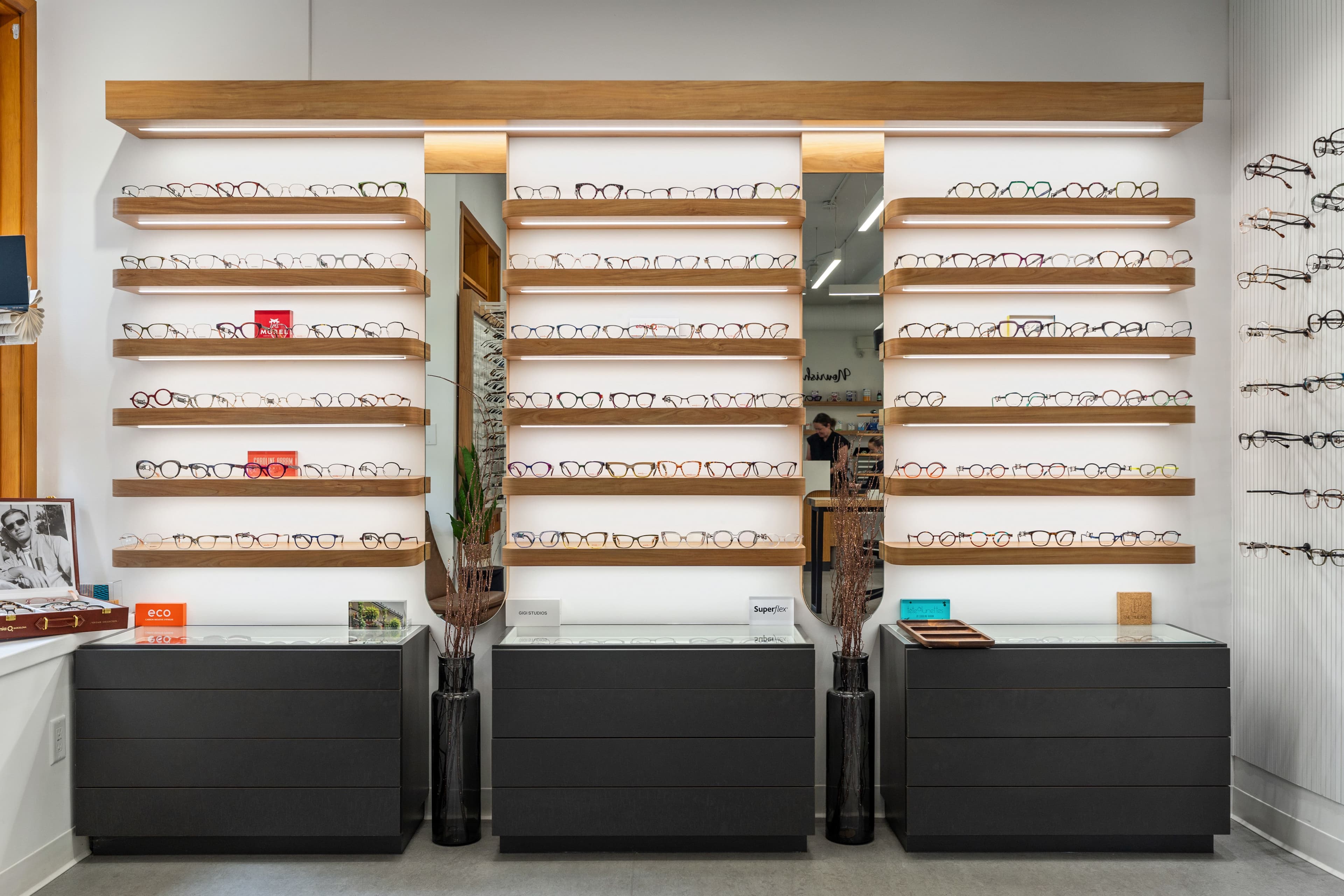 Frame display wall with curated eyewear collection