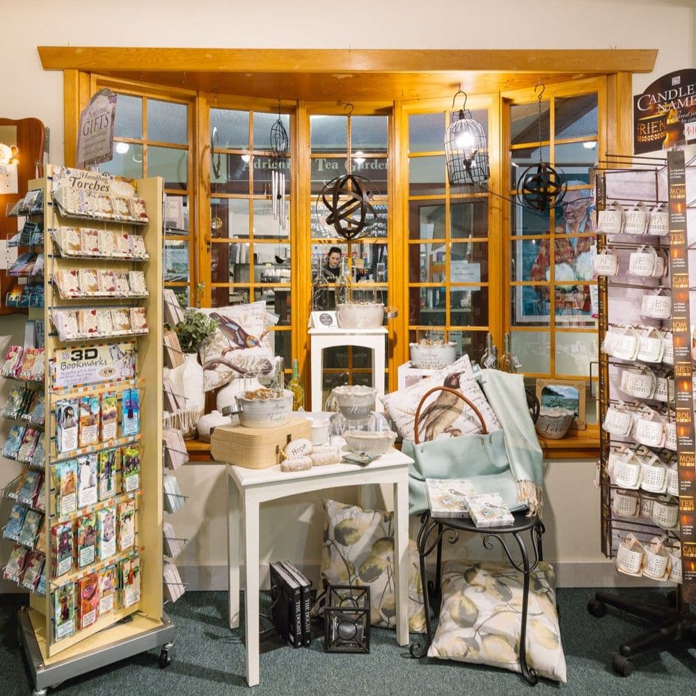 Wide view of Paper Chain with clocks lining the walls and cards across every shelf