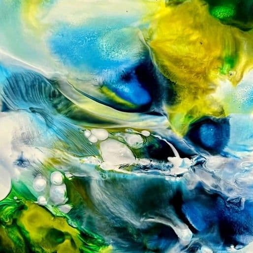Abstract painting in flowing blue, yellow and green with textured white